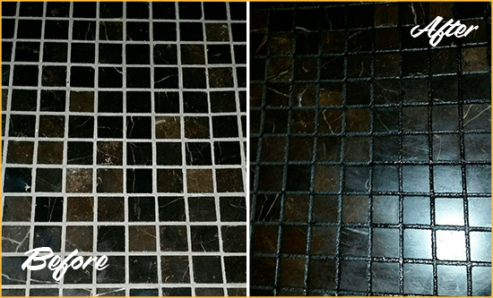 Before and After Picture of a Cochranville Black Floor with Recolored Grout