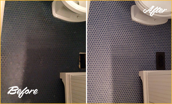 Before and After Picture of a Lionville Blue Tile Floor Recolored Grout