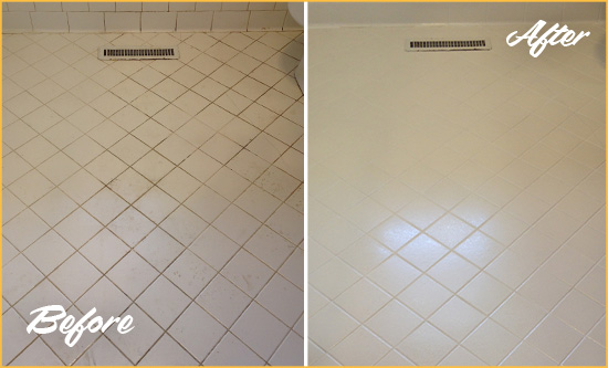 Before and After Picture of a Collegeville White Bathroom Floor Grout Sealed for Extra Protection