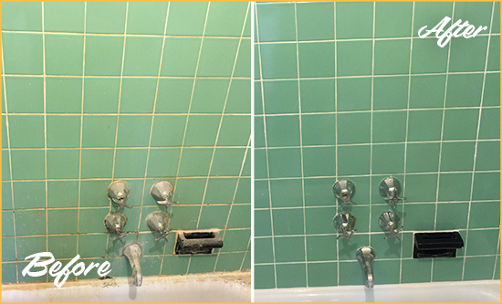 Before and After Picture of a Spring City Bath Tub Grout Sealed to Avoid Water Damage