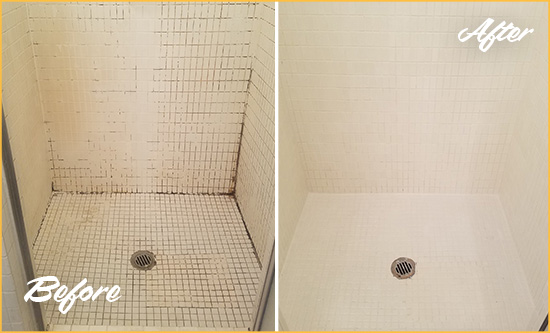 Before and After Picture of a Pomeroy Bathroom Grout Sealed to Remove Mold