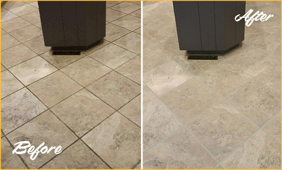 Before and After Picture of a Wayne Kitchen Floor Grout Sealed to Remove Stains