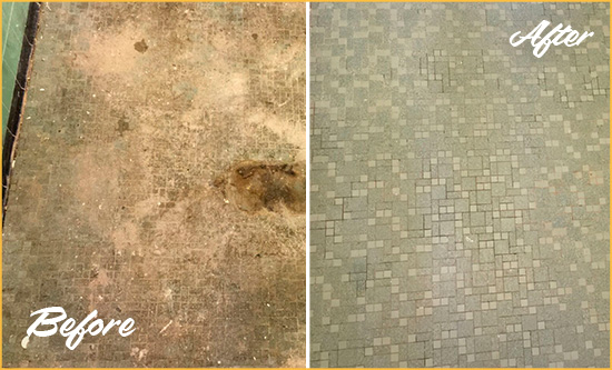 Before and After Picture of a Springfield Mosaic Shower Cleaned to Eliminate Embedded Dirt