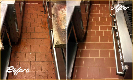 Before and After Picture of a Dull Brandamore Restaurant Kitchen Floor Cleaned to Remove Grease Build-Up