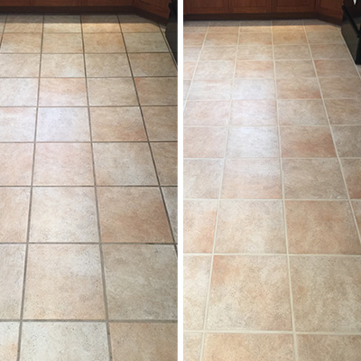 A kitchen tile floor restored with our color sealing process
