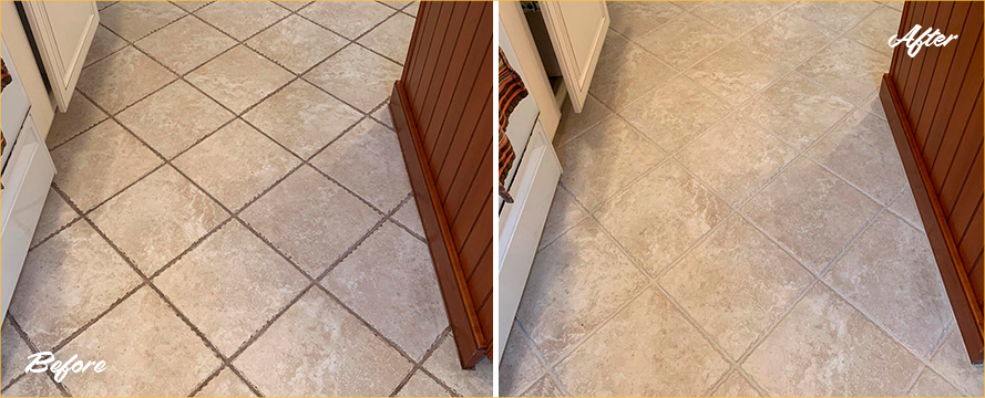 Picture of a Kitchen Floor Before and After a Tile Cleaning in Downingtown, PA