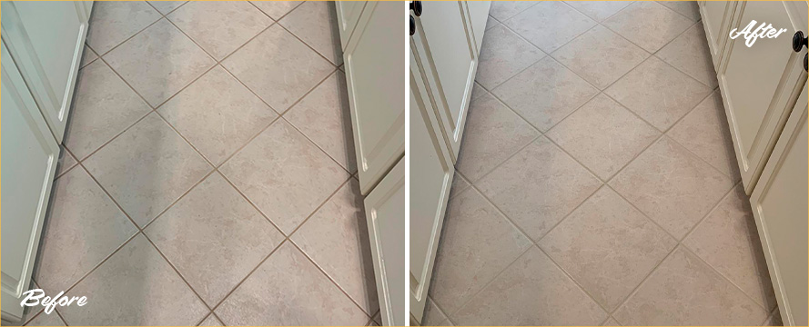 Floor Before and After a Grout Cleaning in Landenberg, PA
