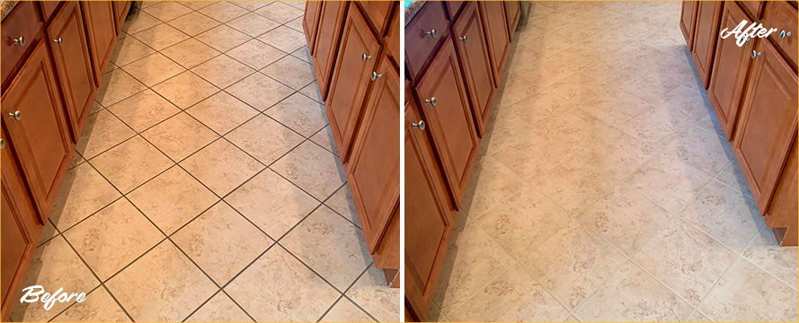 Before and After Image of a Kitchen Floor Grout Sealing in Downingtown, PA