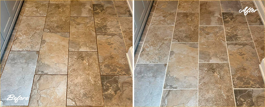 Mudroom Floor Before and After a Grout Sealing in King of Prussia