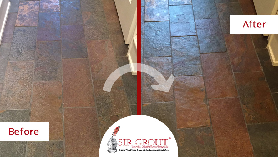 Stone Sealing Service in Glen Mills, PA Restored This Dull Slate Floor to a Satin Finish