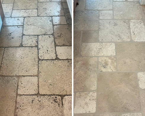 Travertine Floor Before and After Our Kennett Square Stone Cleaning Service