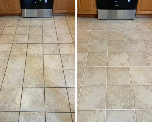 Kitchen Floor Before and After a Grout Cleaning in Coatesville
