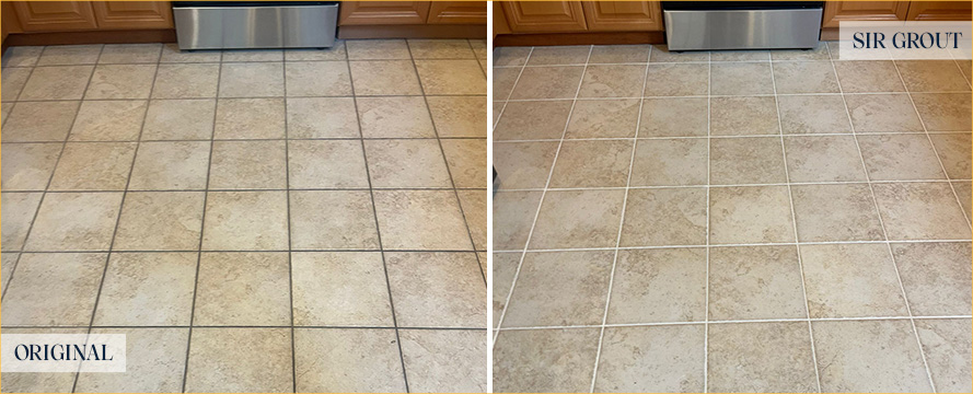 Kitchen Floor Before and After a Grout Cleaning in Coatesville