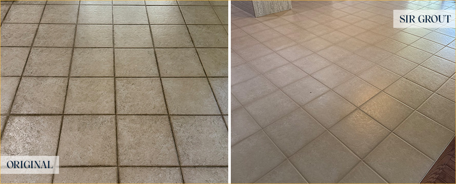 Kitchen Floor Before and After a Grout Recoloring in Wayne