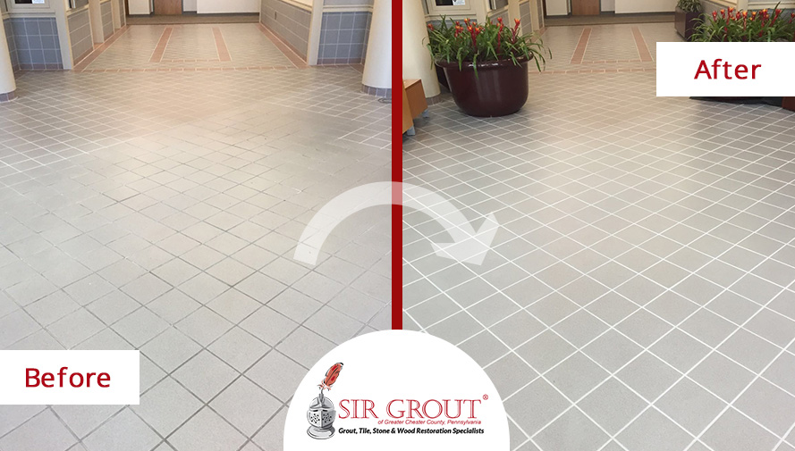 Before and After Picture of a Grout Cleaning Job in Essington