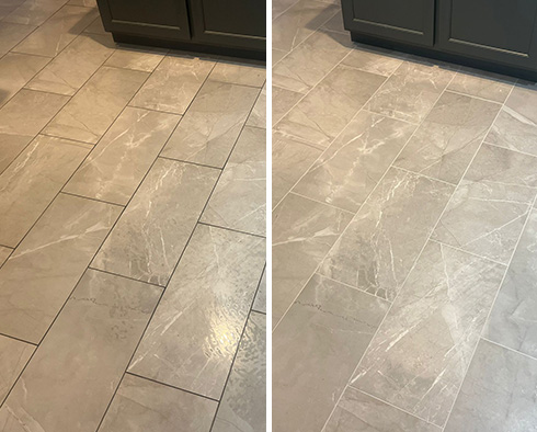 Kitchen Floor Before and After a Grout Cleaning in Honey Brook