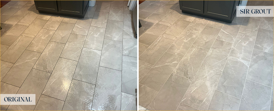 Kitchen Floor Before and After a Grout Cleaning in Honey Brook