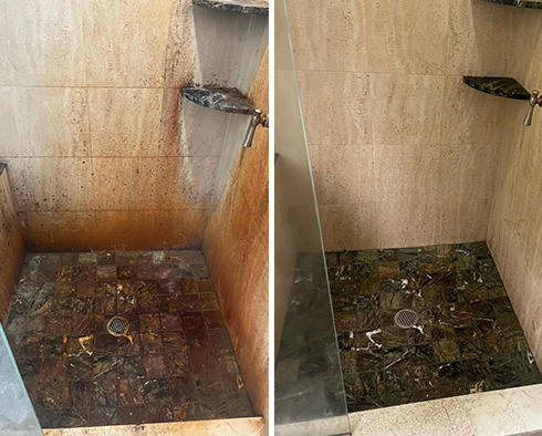 Shower Before and After Our Chadds Ford Tile and Grout Cleaners Job