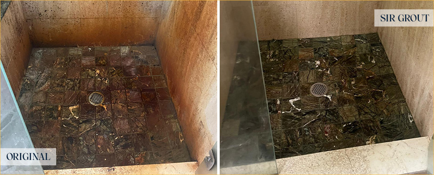 Shower Before and After Our Chadds Ford Tile and Grout Cleaners Job