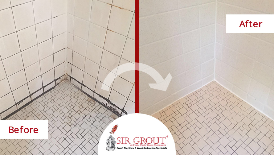 Before and After Picture of a Shower Tile Cleaning Job in Phoenixville, Pennsylvania