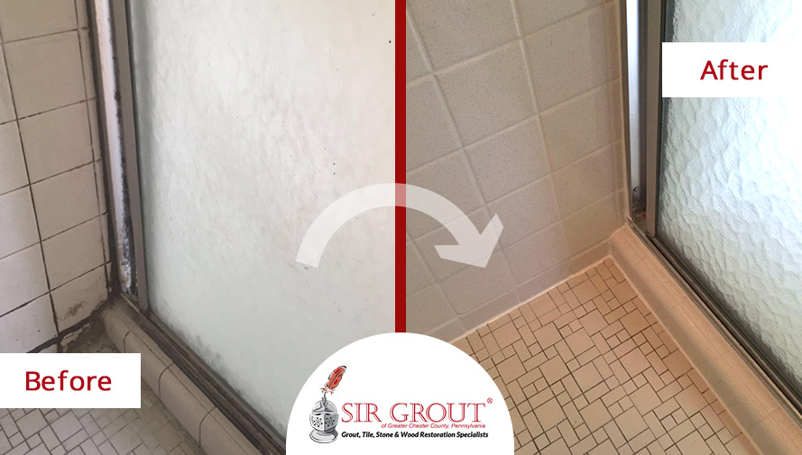 Before and After Picture of a Tile Cleaning Job in Phoenixville, Pennsylvania - Shower Rail