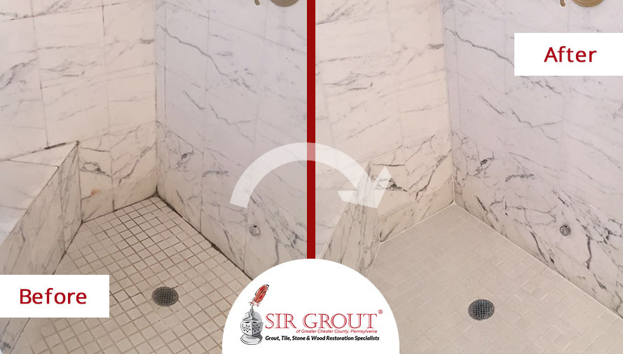 Before and After Picture of a Marble Stone Shower Cleaning Job in Gladwyne, Pennsylvania