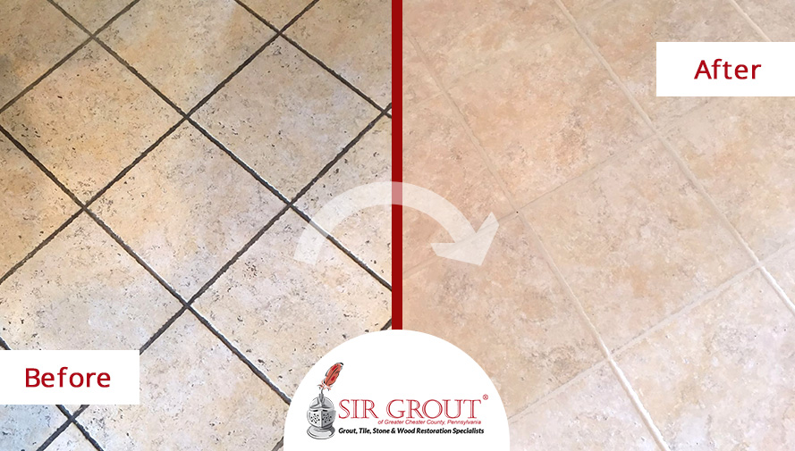 Before and After Picture of a Tile Floor in West Chester, PA Revived with a Grout Cleaning Job