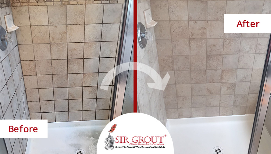 Before and After Picture of a Grout Sealing Service in Chester Springs, PA