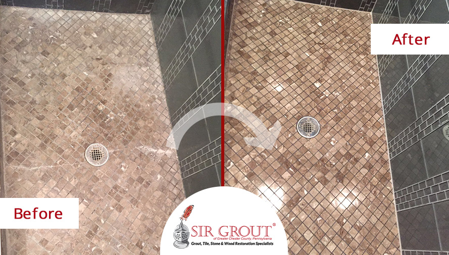 Before and After of a Marble Shower Grout Recoloring Service in Wayne, PA