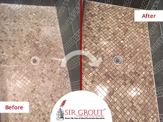 Before and After of a Marble Shower Grout Recoloring Service in Wayne, PA