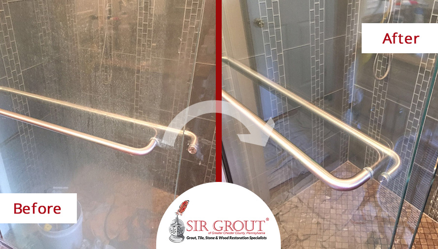 Before and After of a Marble Shower Grout Recoloring in Wayne, PA
