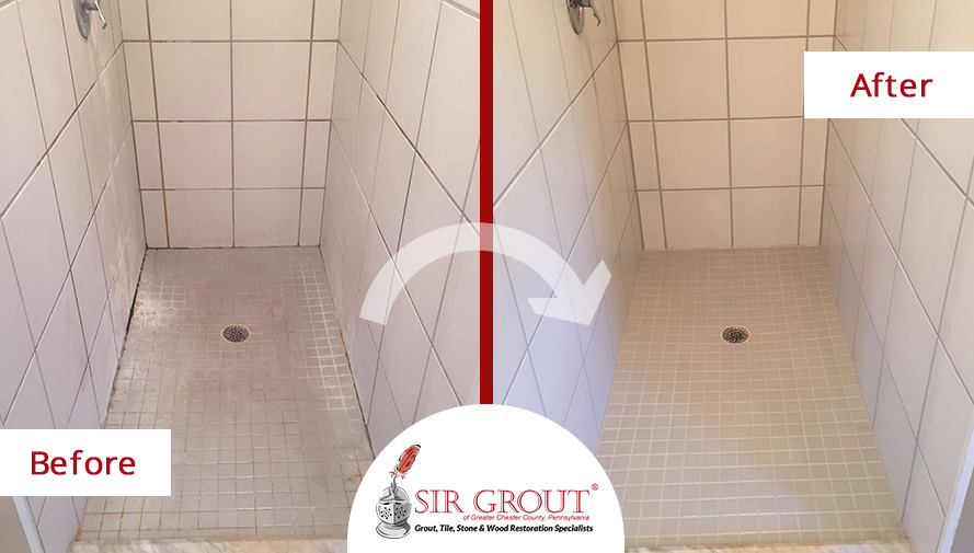 Before and After Picture of a Bathroom Grout Cleaning Service in Exton, PA