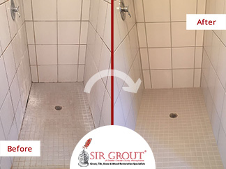 Before and After Picture of a Grout Cleaning Service on a Moldy Shower in Exton, PA
