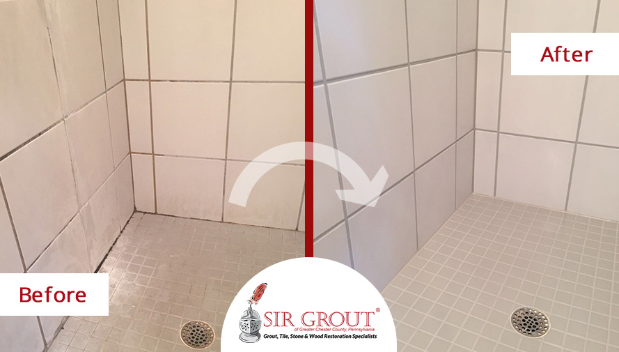 Before and After Picture of a Grout Cleaning Service on a Moldy Shower in Exton, PA