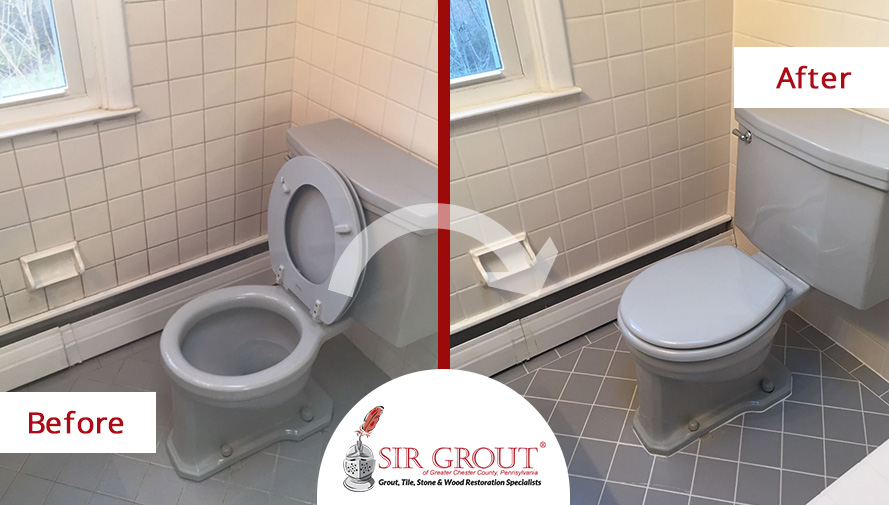 Before and After Picture of a Bathroom Grout Cleaning Service in Phoenixville, PA