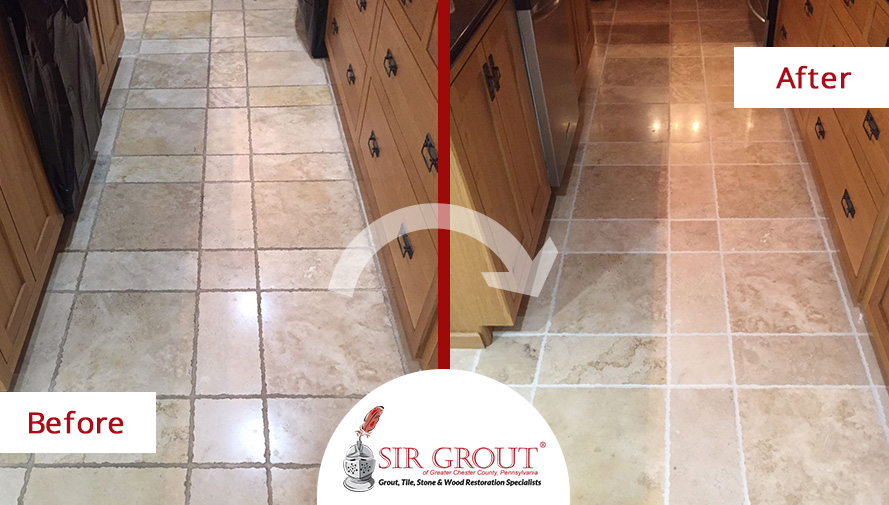Before and After Picture of a Travertine Kitchen Stone Cleaning Service in Chester Springs, PA