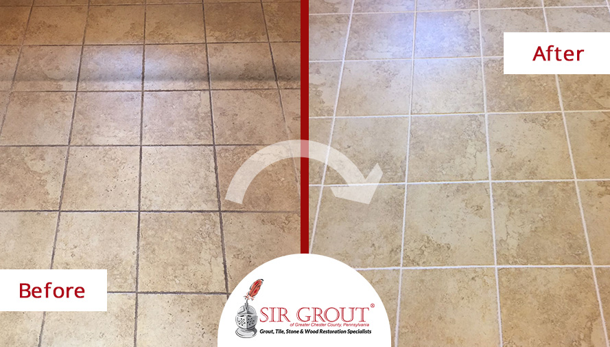 Before and After Picture of a Floor Tile and Grout Cleaners in King of Prussia, PA