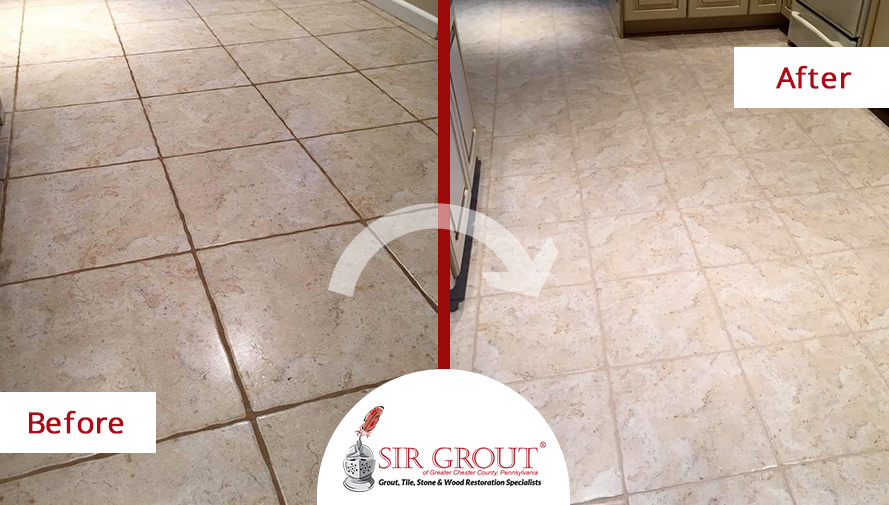 Before and After of a Tile Floor Grout Cleaning Service in Devon, Pennsylvania