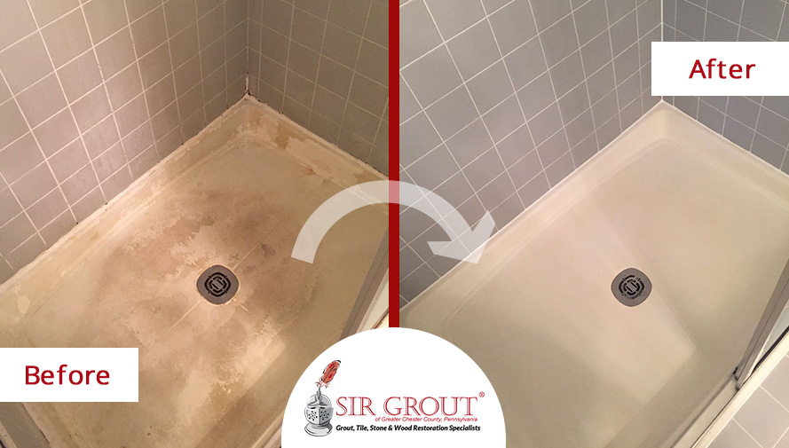Before and After Picture of a Tile Cleaning and Caulking in Exton, PA