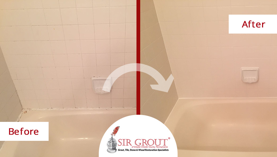 Before and After Picture of a Tile Cleaning and Caulking Services in Exton, Pennsylvania
