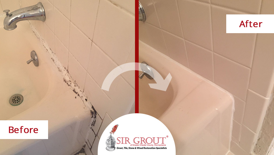 Before and After Picture of a Tile Cleaning and Caulking Services in Exton, PA