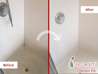 Before and after Picture of a Grout Cleaning Job Performed to This Shower in Phoenixville, PA