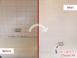 Before and after Picture of This Ceramic Tile Shower in Havertown, PA, That Was Completely Transformed after a Caulking Job
