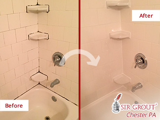 Before and after Picture of a Tile Shower Renewed with Our Caulking Service in Exton, Pennsylvania