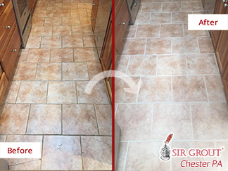Before and after Picture of How These Hard Surfaces Look Brand-New after a Grout Cleaning Job in Newtown Squere, PA