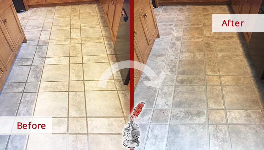 Before and after Picture of Our Special Grout Cleaning Process in This Kitchen Floor in Coatesville, PA