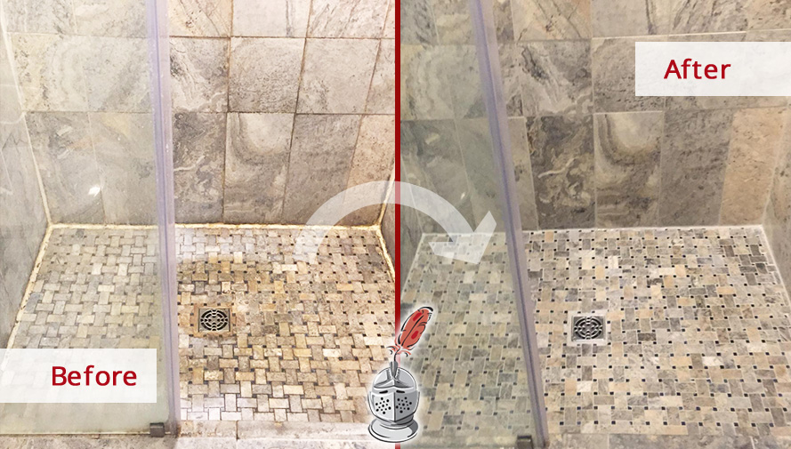 Before and after Picture of This Natural Stone Shower after Our Stone Cleaning Service in Royersford, PA