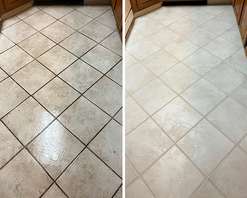 Before and after Picture of a Grout Cleaning Service to This Kitchen Floor in Coatesville, PA