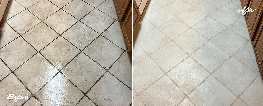  Before and after Picture of This Beautiful Kitchen Floor in Coatesville, PA after a Grout Cleaning Job