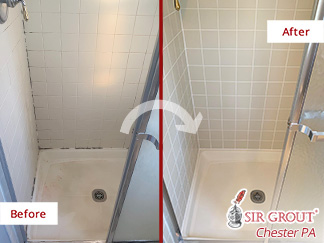 Before and after Picture of a Caulking Job in Glen Mills, PA 